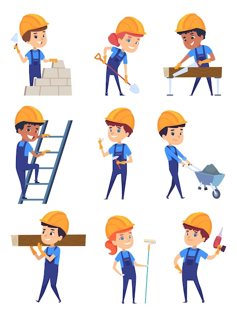 Вектор Дети-строители. маленькие рабочие персонажи в желтом шлеме для построения профессионального мультфильма.