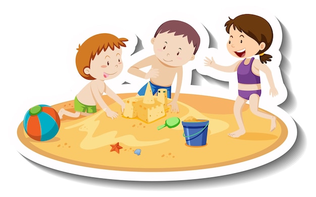 Vector children building sand castle at the beach