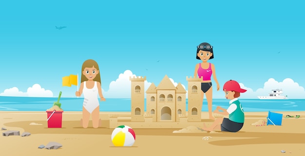 Vector children building sand castles on the beach