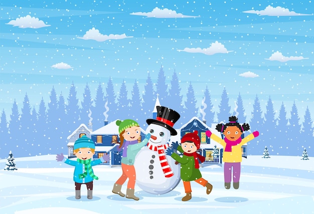 Children building snowman