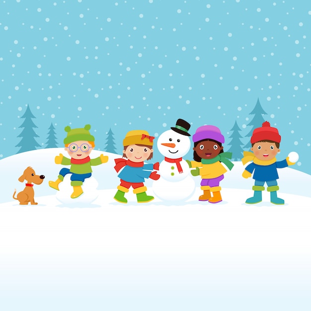 Vector children building a snowman