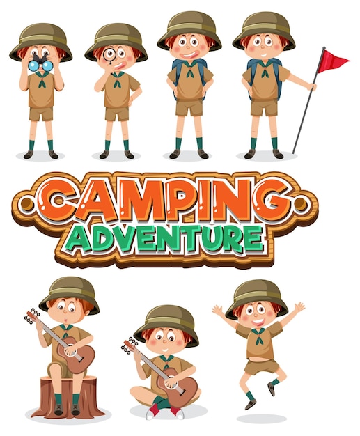 Children camping out cartoon character set