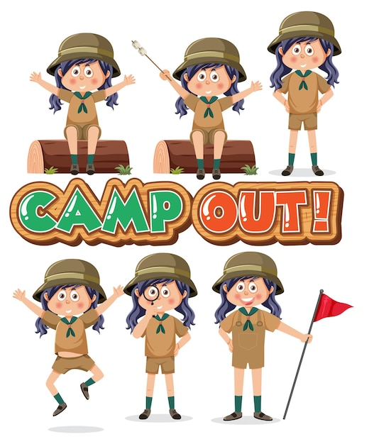 Vector children camping out cartoon character set