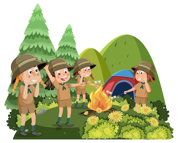 Children camping out forest scene