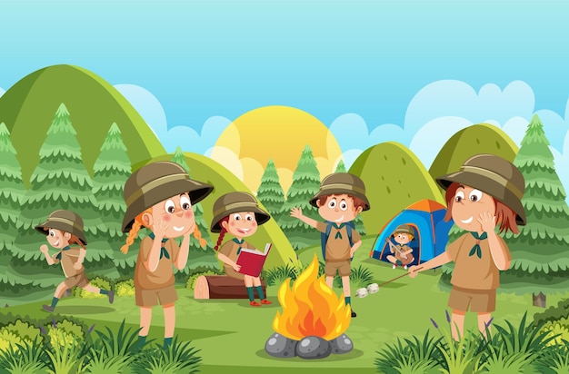 숲에서 캠핑 하는 어린이 장면