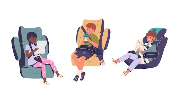 Children In Car Seats One Child Is Using Tablet Another Is Reading A Book And The Third With A Toy