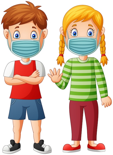 Vettore il fumetto dei bambini indossa una maschera protettiva da virus. illustrazione