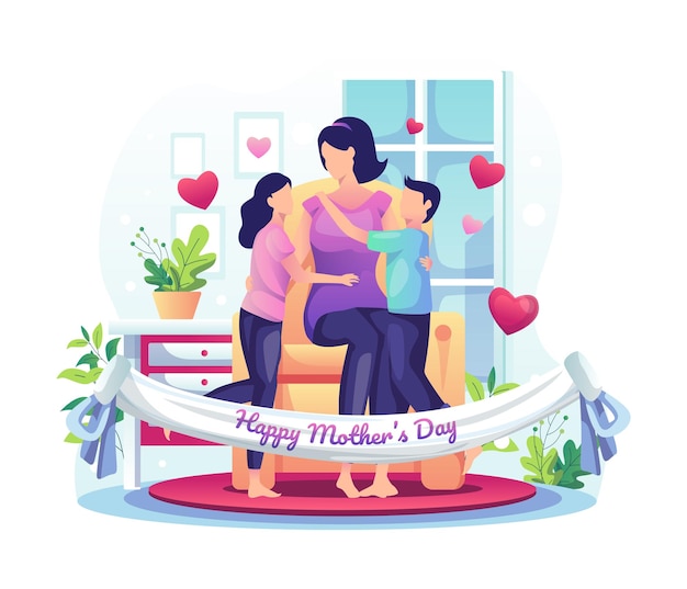 Children celebrate mother's day with their mother at home