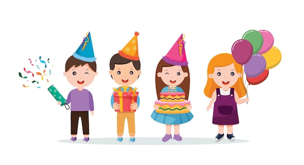 Premium Vector Children Celebrating A Birthday Party Vector Illustration