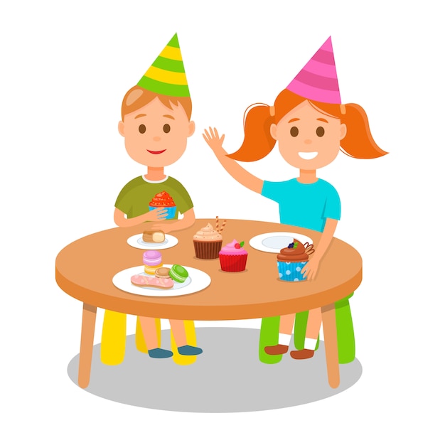 カップケーキの誕生日パーティーを祝う子供たち。