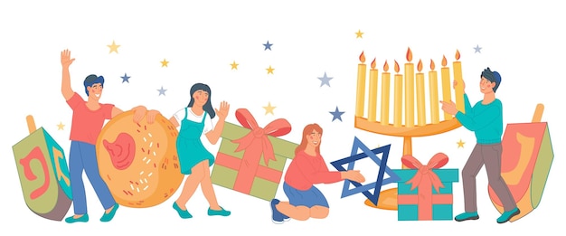 Вектор Дети празднуют еврейский праздник ханука с плоской векторной иллюстрацией на белом
