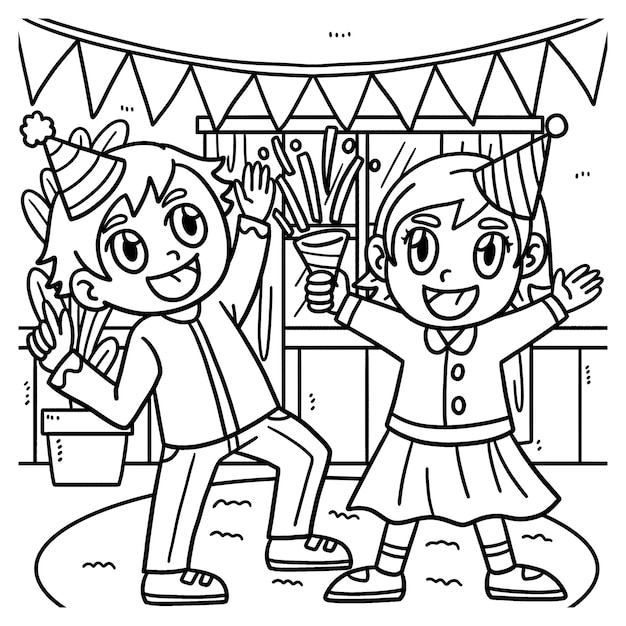 Children Celebrating New Year Coloring Page