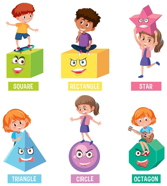 Children character holding geometry shapes