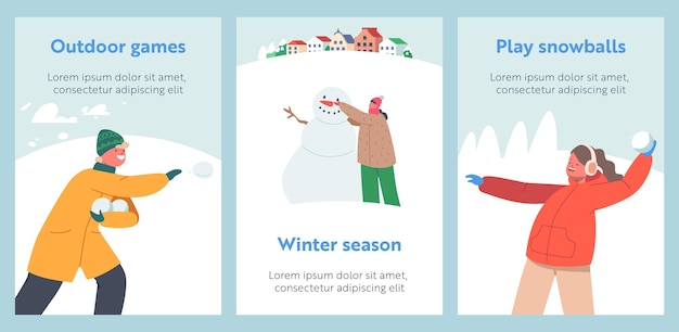 雪の漫画のポスターを楽しんでいる子供たちのキャラクター。楽しさと冬の休日のお祝いの季節。雪だるまを作る幸せな子供たち、友達チーム間の雪だるまの戦い、冬の楽しみ。人々のベクトル図