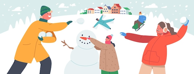 Personaggi dei bambini che si godono il divertimento sulla neve e le festività invernali. bambini felici che fanno pupazzo di neve, battaglia di palle di neve tra squadre di amici, divertimento invernale. cartoon persone illustrazione vettoriale