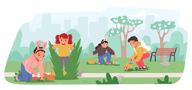 Вектор Детские персонажи взволнованно ищут спрятанные яйца в парке с пышной зеленью, наслаждаясь праздничной игрой