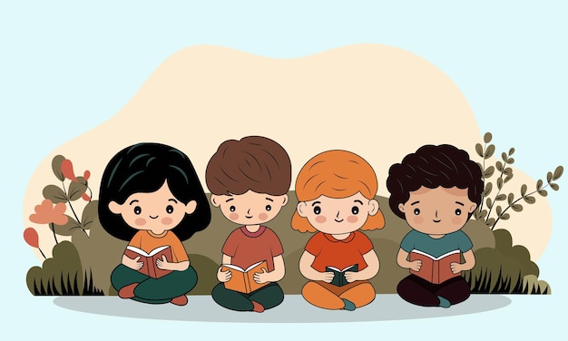 Children characters reading books in sitting pose against nature background