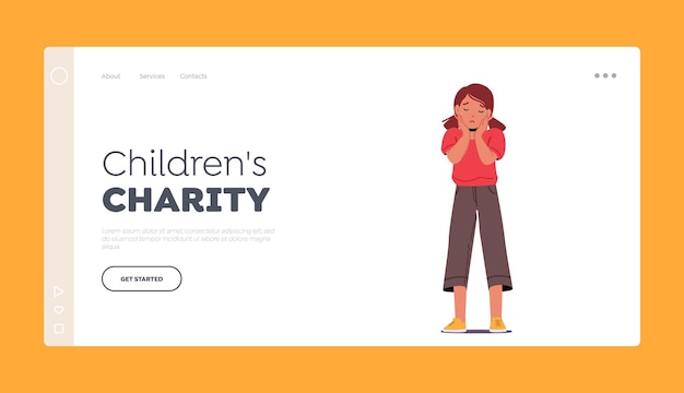 Children Charity Landing Page Template Unhappy Little Girl Crying with Tears Pouring Down Kid Sad Character Emotions