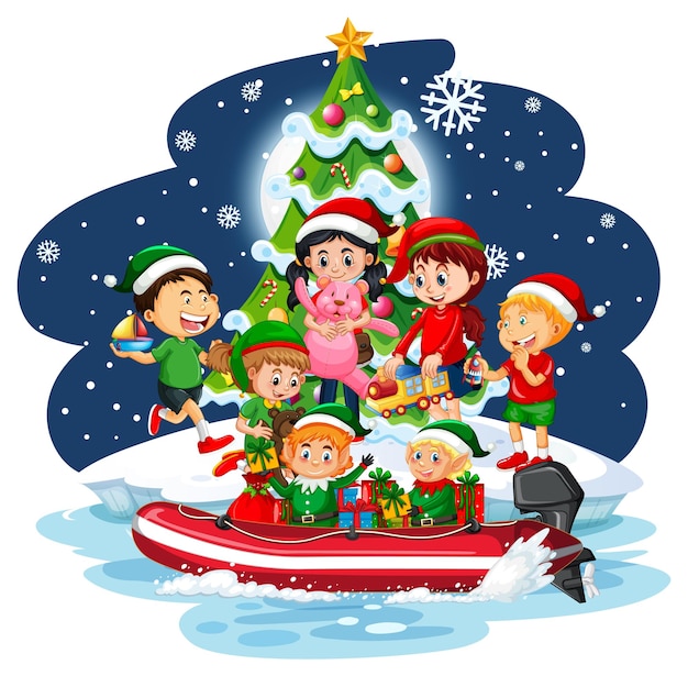 Children in Christmas theme at snowy night