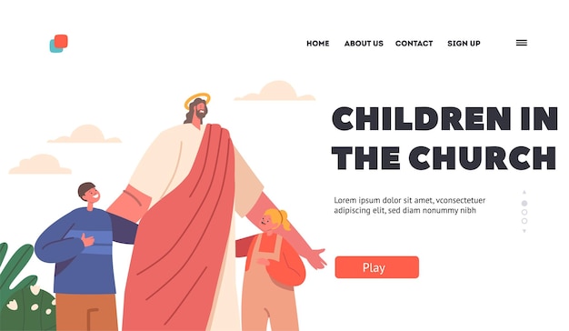 Дети в шаблоне целевой страницы церкви Иисус стоит среди детей в окружении природы