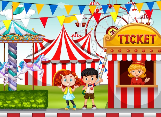 children at the circus ticket booth