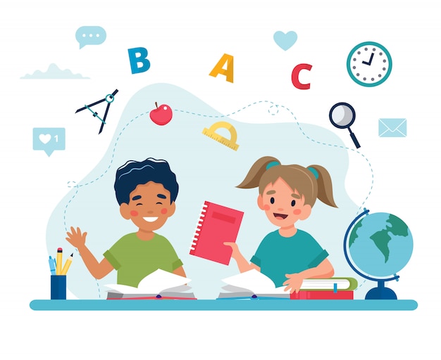 Vector children in class reading, back to school concept, cute characters.