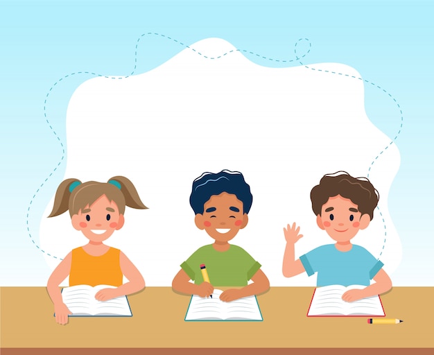 クラスの子供たちが読み書き、学校のコンセプトに戻って、かわいいキャラクター。