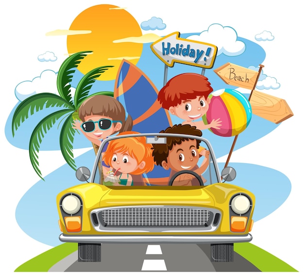 Vector children in classic car with holiday theme