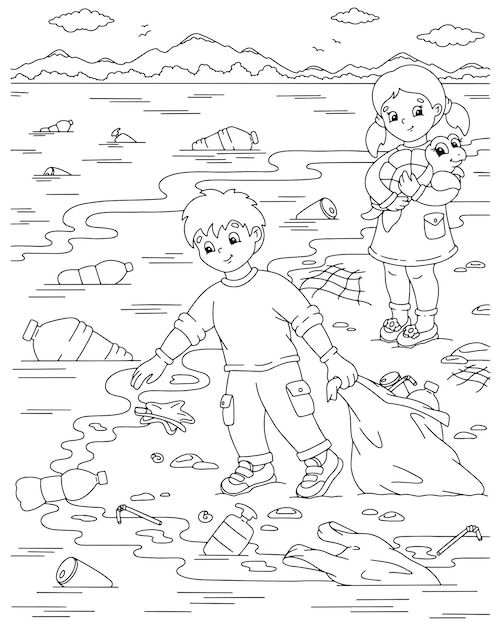 Children clean up the ocean coast from garbage the problem of
ecology ocean plastic pollution coloring book page for kids cartoon
style character vector illustration isolated on white
background