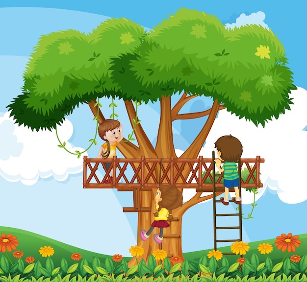 Дети залезают на дерево в саду