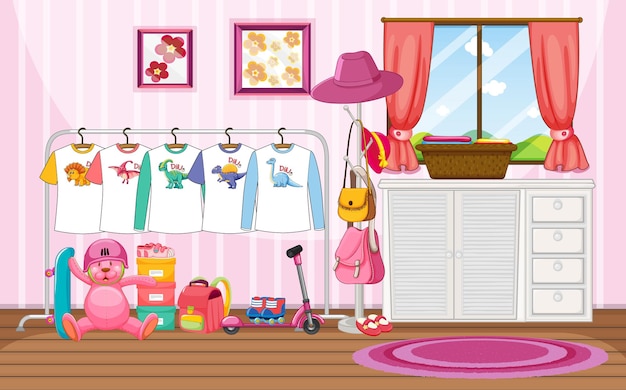 Vector children clothes on a clothesline with many toys in the room scene