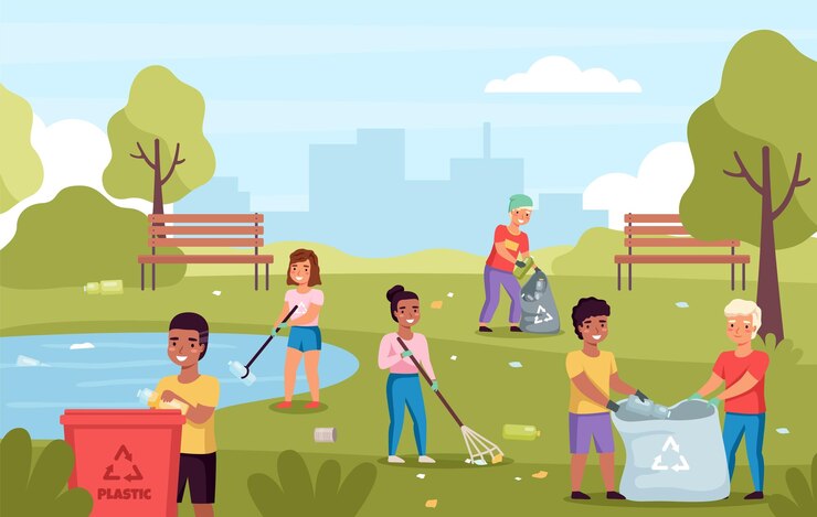Vector children collect garbage kids cleaning park of trash boys girls sort waste and save nature volunteers clean up plastic pollution protection and ecology care save the earth vector cartoon concept