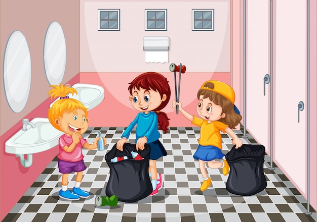 Bambini che raccolgono la spazzatura nella toilette