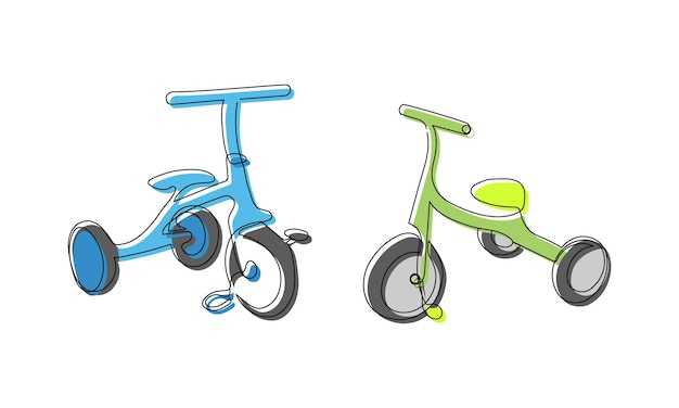 Children colored bicycles one line art Continuous line drawing of sport transportation