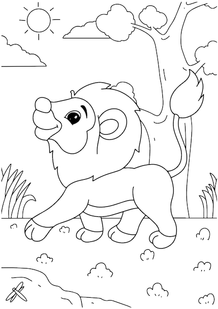 Children coloring book adult lion walking in nature forest illuatration