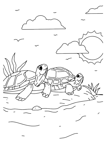Children coloring book page 14 couple turtle nature