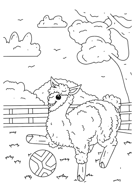 Children coloring book page 6 ilama playing ball in field