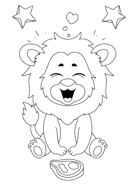 Children coloring book page adult lion and beaf smile illustration