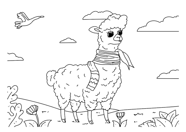 Children coloring book page old sheep alone on the field ilustration