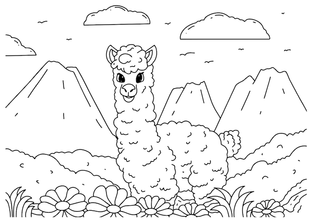 Children coloring book page sheep and mountain nature ilustration