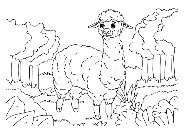 Vettore pecore della pagina del libro da colorare dei bambini che giocano nell'illustrazione della foresta