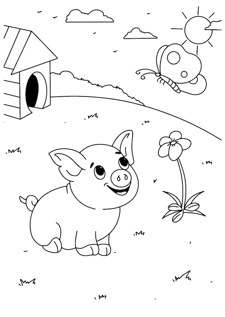 Vector children coloring book pig and butterfly nature