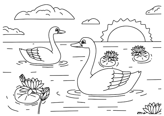 Иллюстрация страницы лебедя для детей раскраски