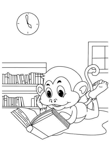Vector children coloring boook monkey reading illustration