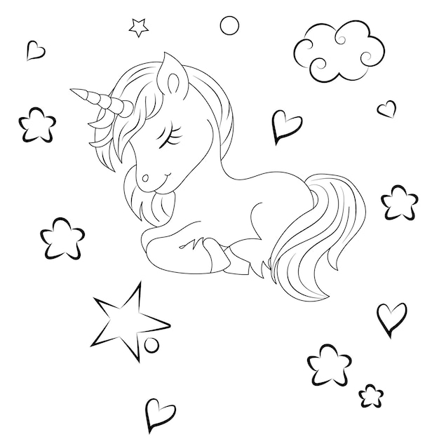 Children coloring page design with cute unicorn premium vector