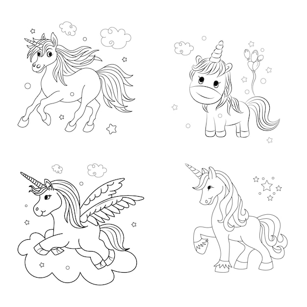 Children coloring page design with cute unicorn set