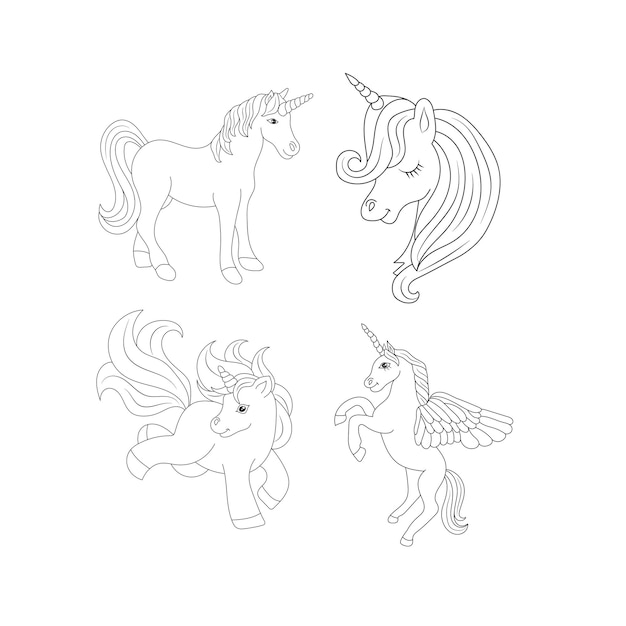 Children Coloring page design with cute unicorn set