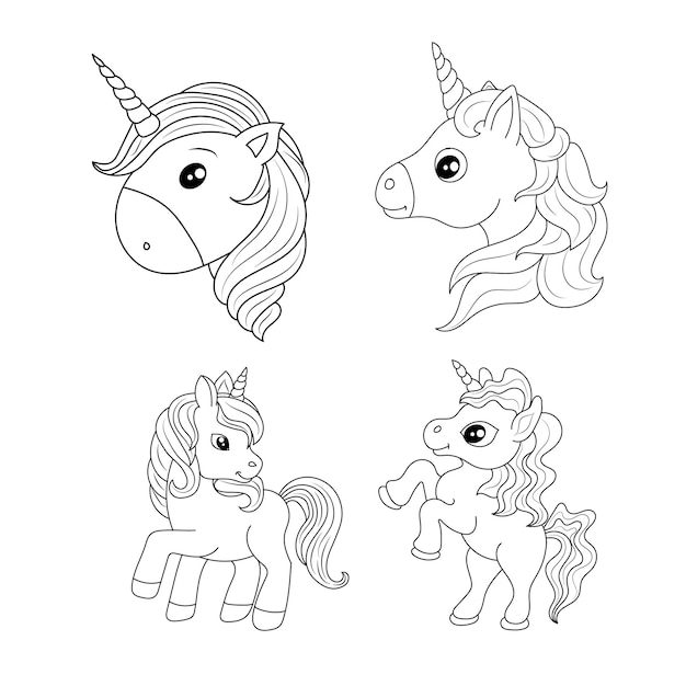 Children Coloring page design with cute unicorn set