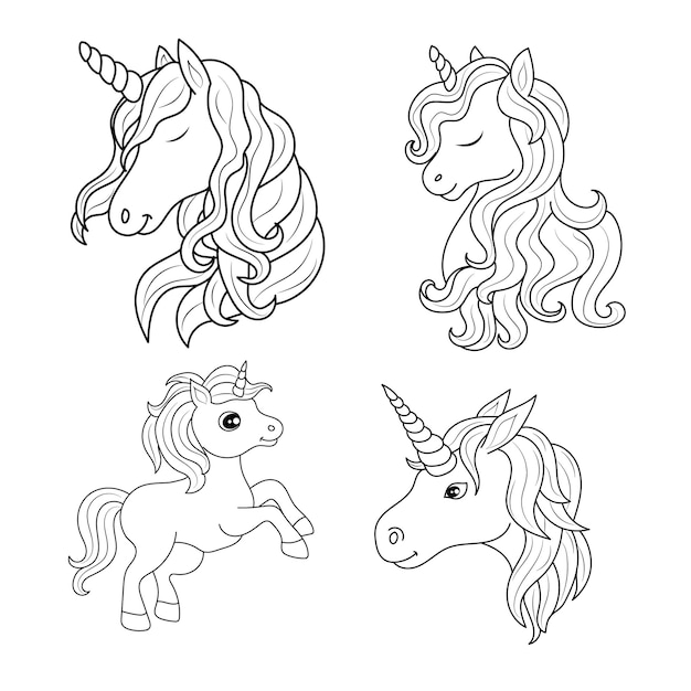 Disegno della pagina da colorare per bambini con set di unicorno carino