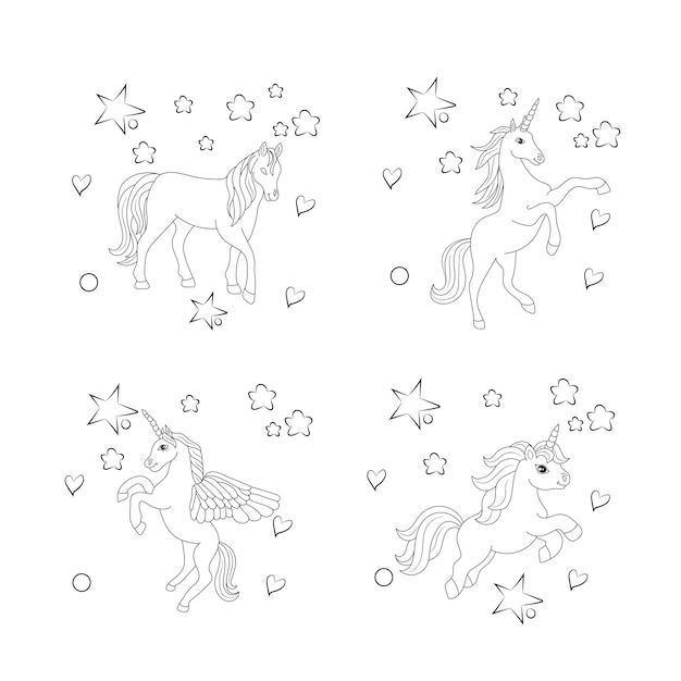 Children coloring page design with cute unicorn set